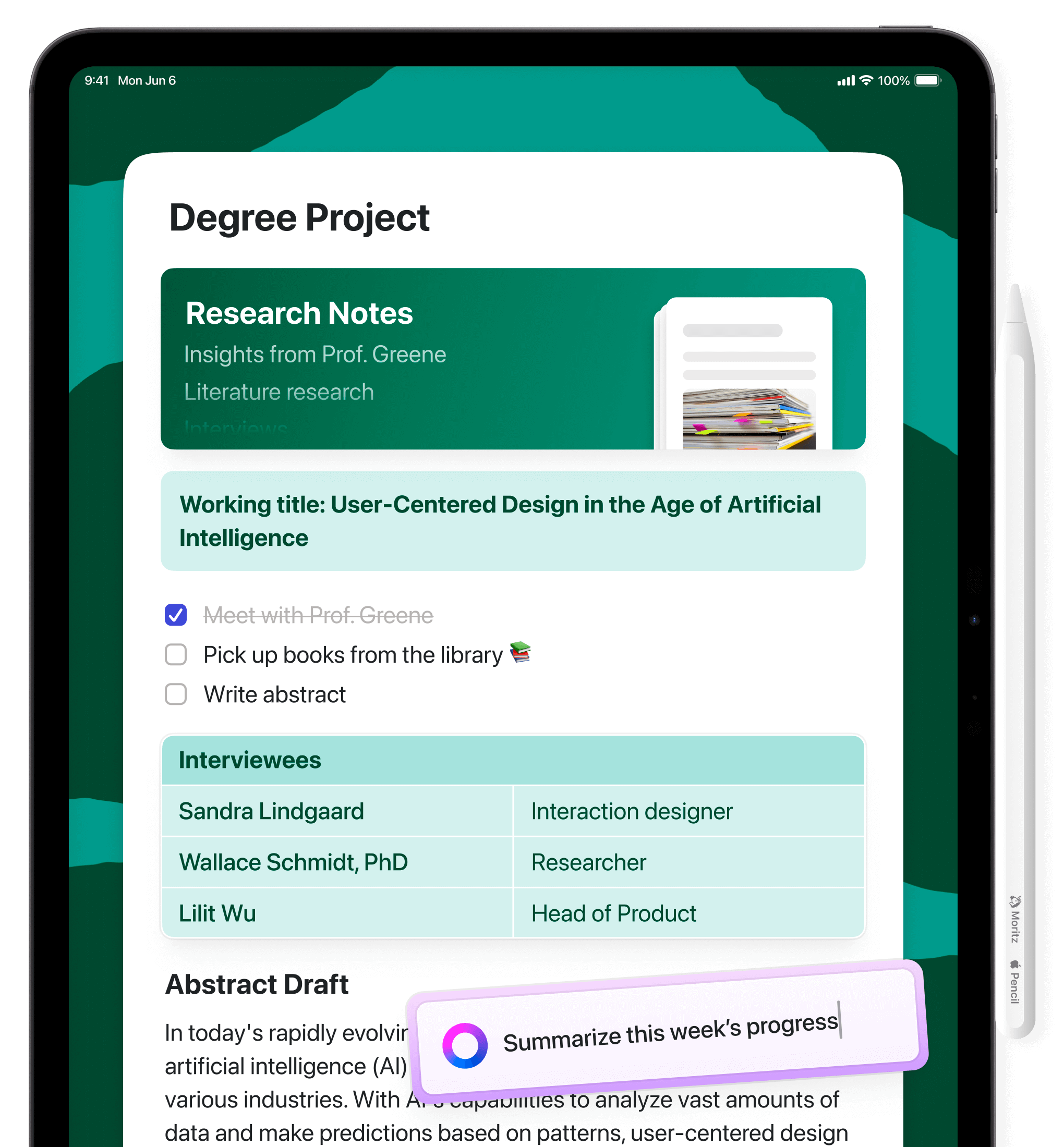 Craft on iPad, showing a document called "Degree Project"