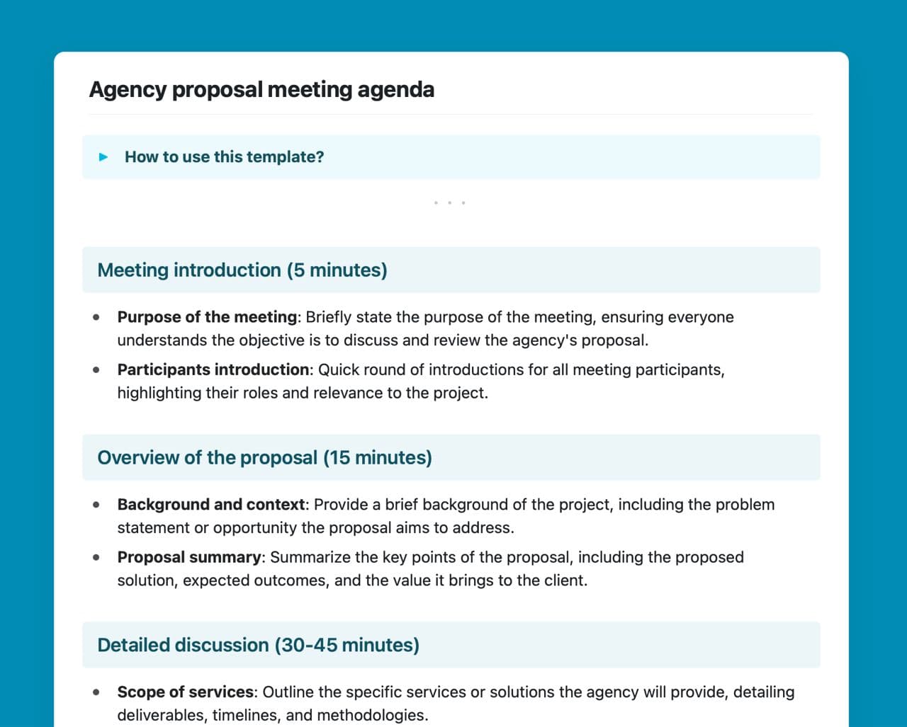Agency proposal meeting agenda template in Craft.