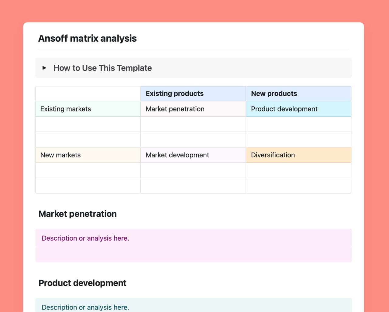 Craft Free Template: Ansoff matrix analysis 