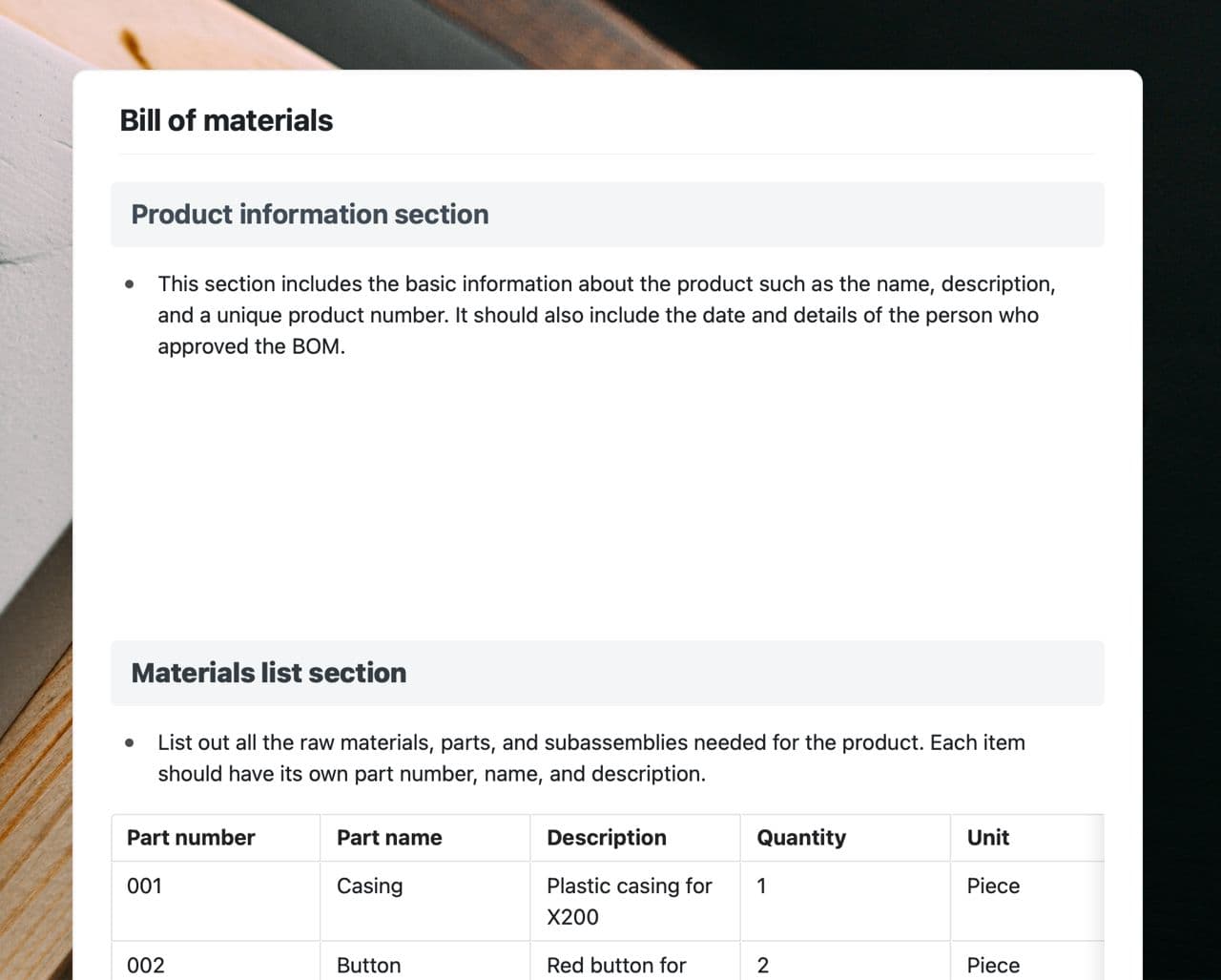 Craft Free Template: Bill of materials