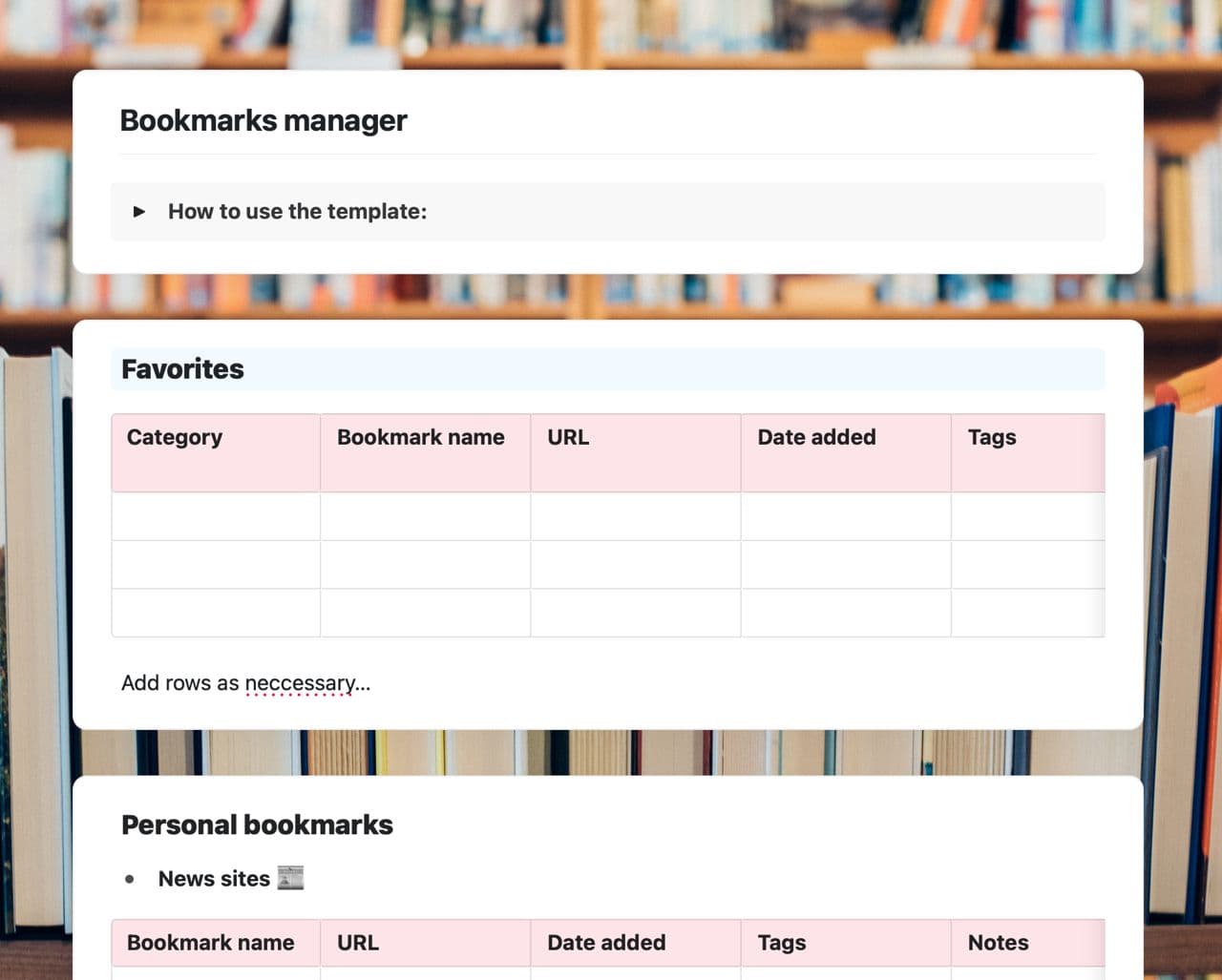 Craft Free Template: Bookmarks manager