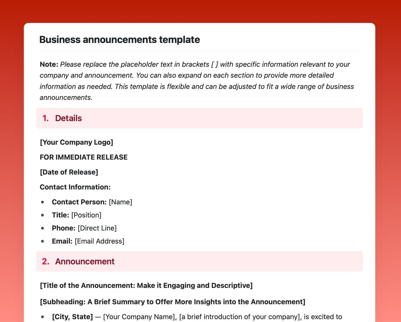 Craft Free Template: Business announcements template