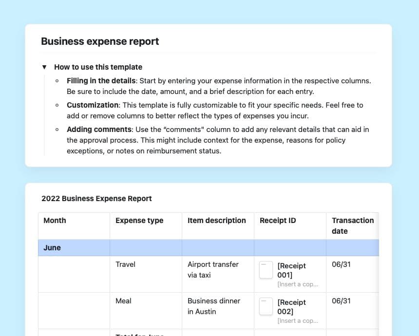 Craft Free Template: Business expense report