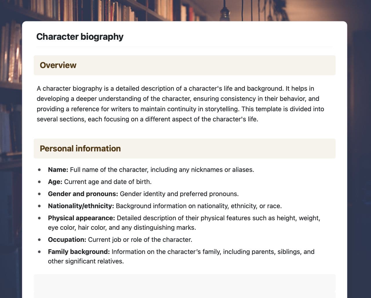 Craft Free Template: Character biography 