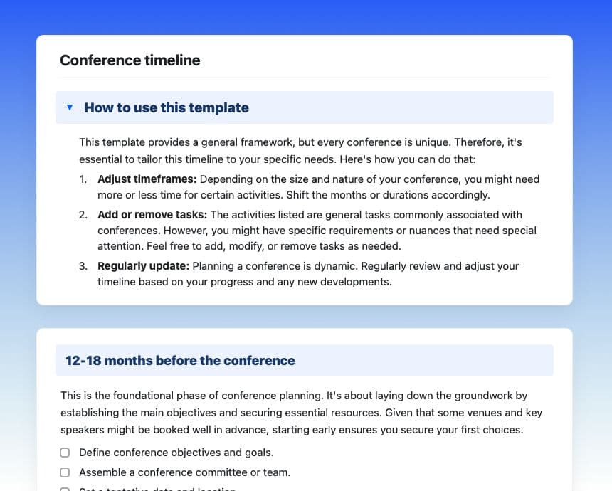 Craft Free Template: Conference timeline