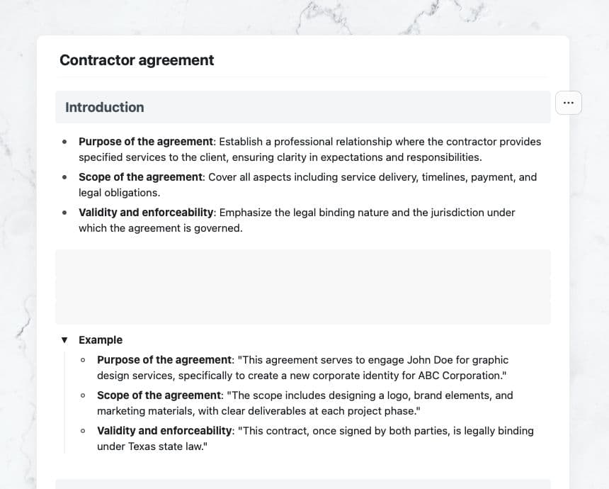 Contractor agreement in Craft