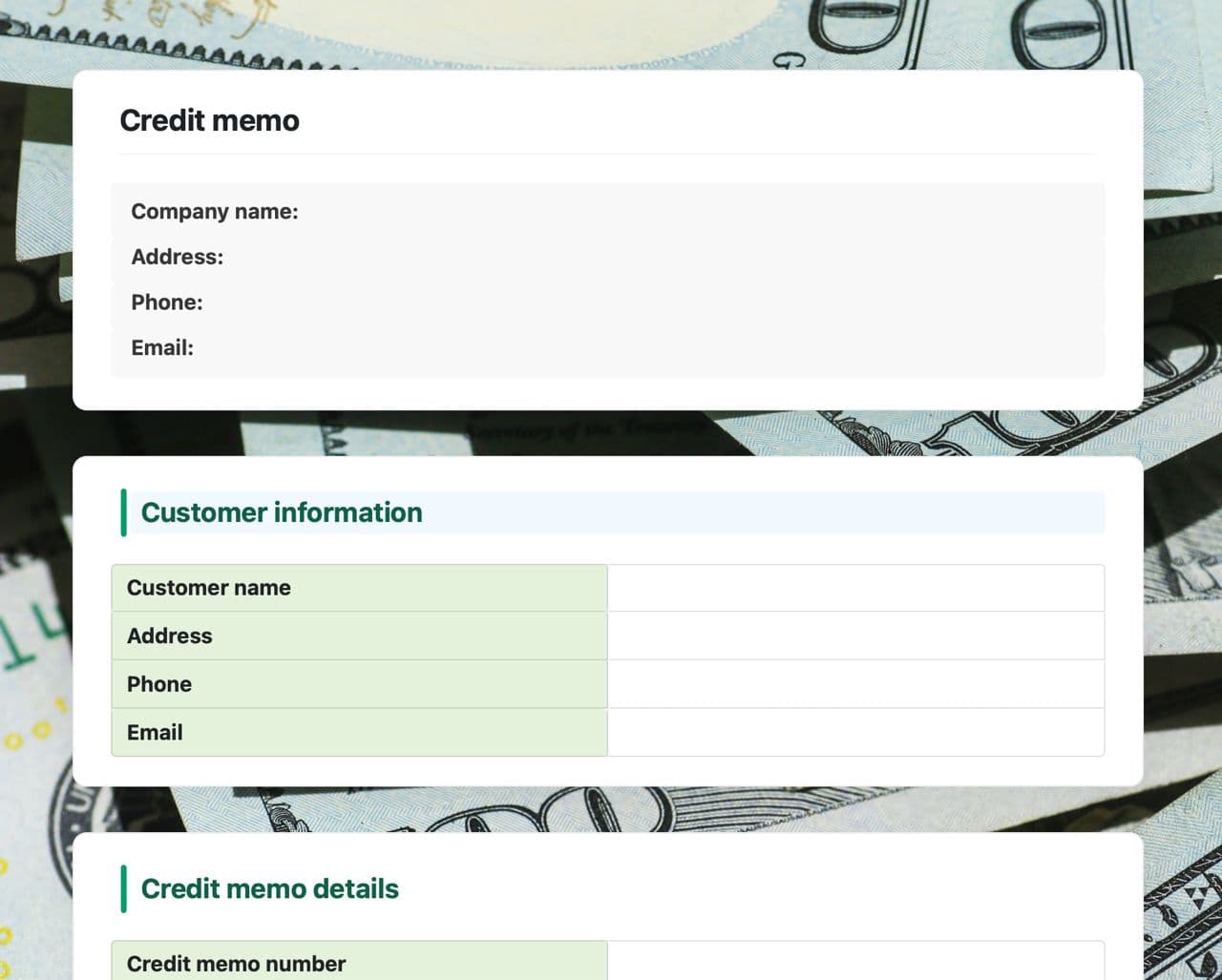 Craft Free Template: Credit memo