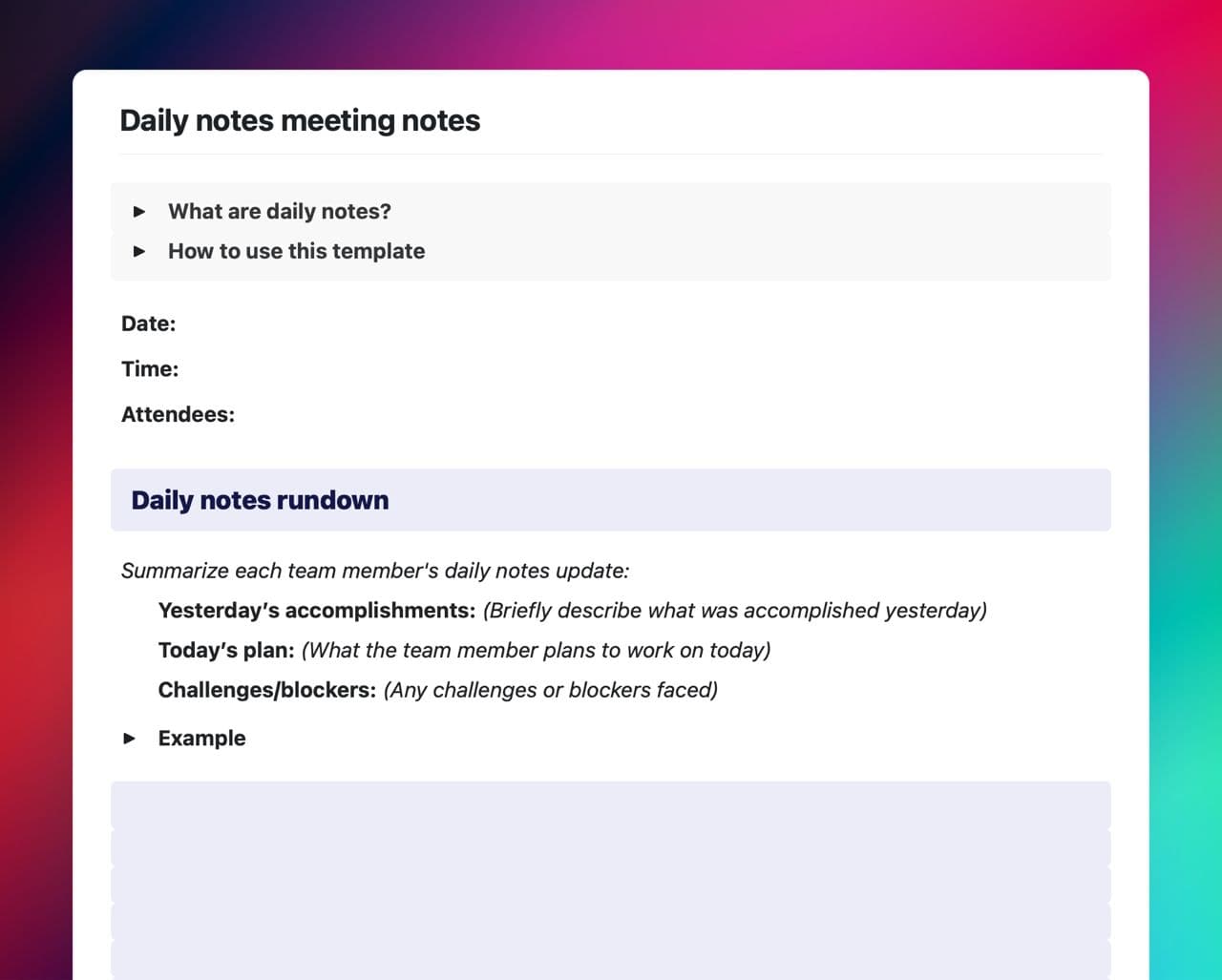 Daily notes meeting notes template in Craft showing instructions, meeting details, and the daily notes rundown section with instruction.