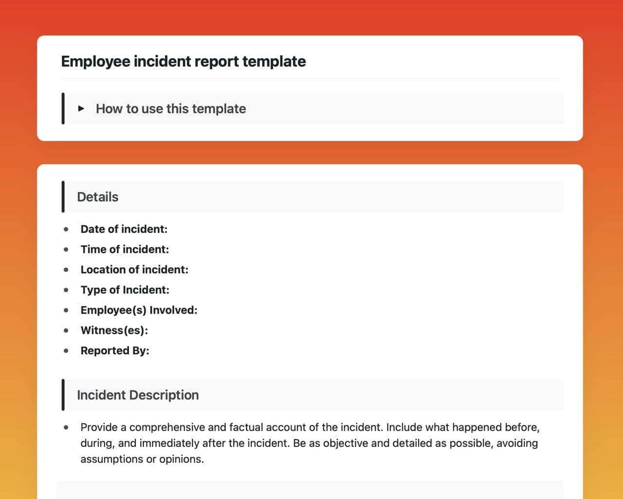 Craft Free Template: Employee incident report
