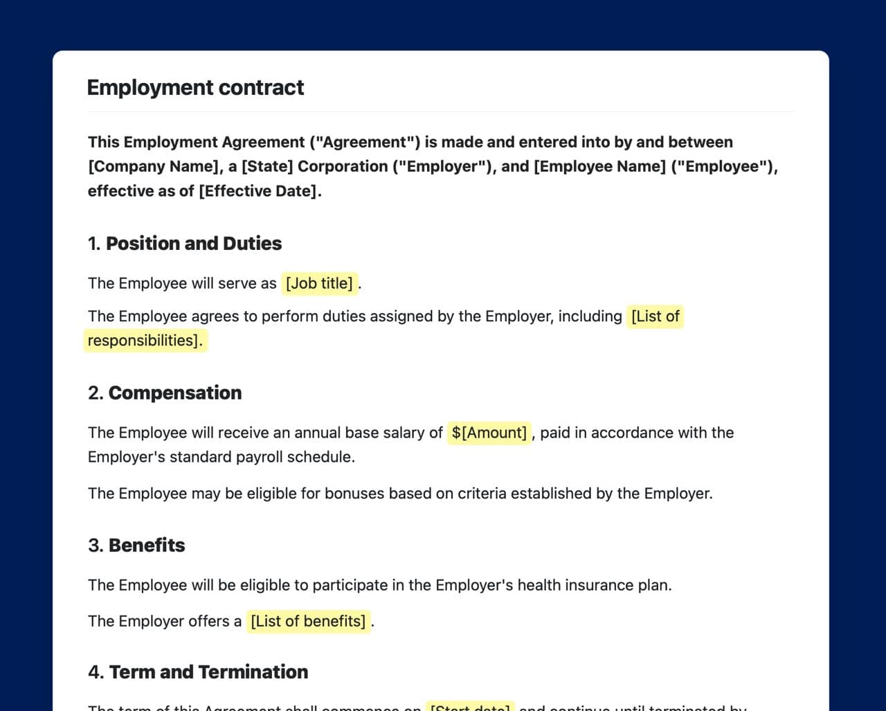Craft Free Template: Employment contract