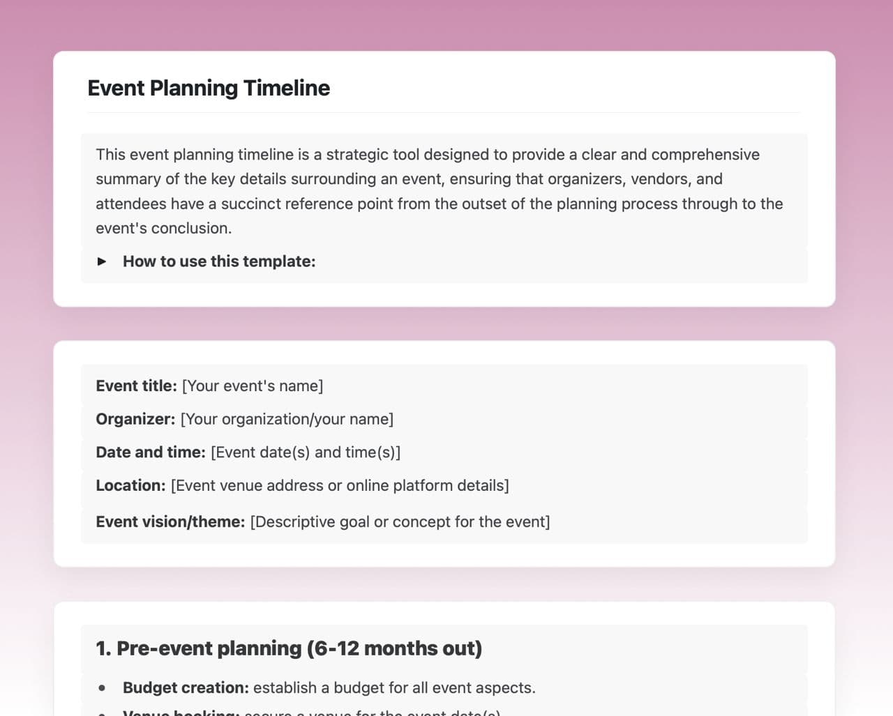 Craft Free Template: Event planning timeline