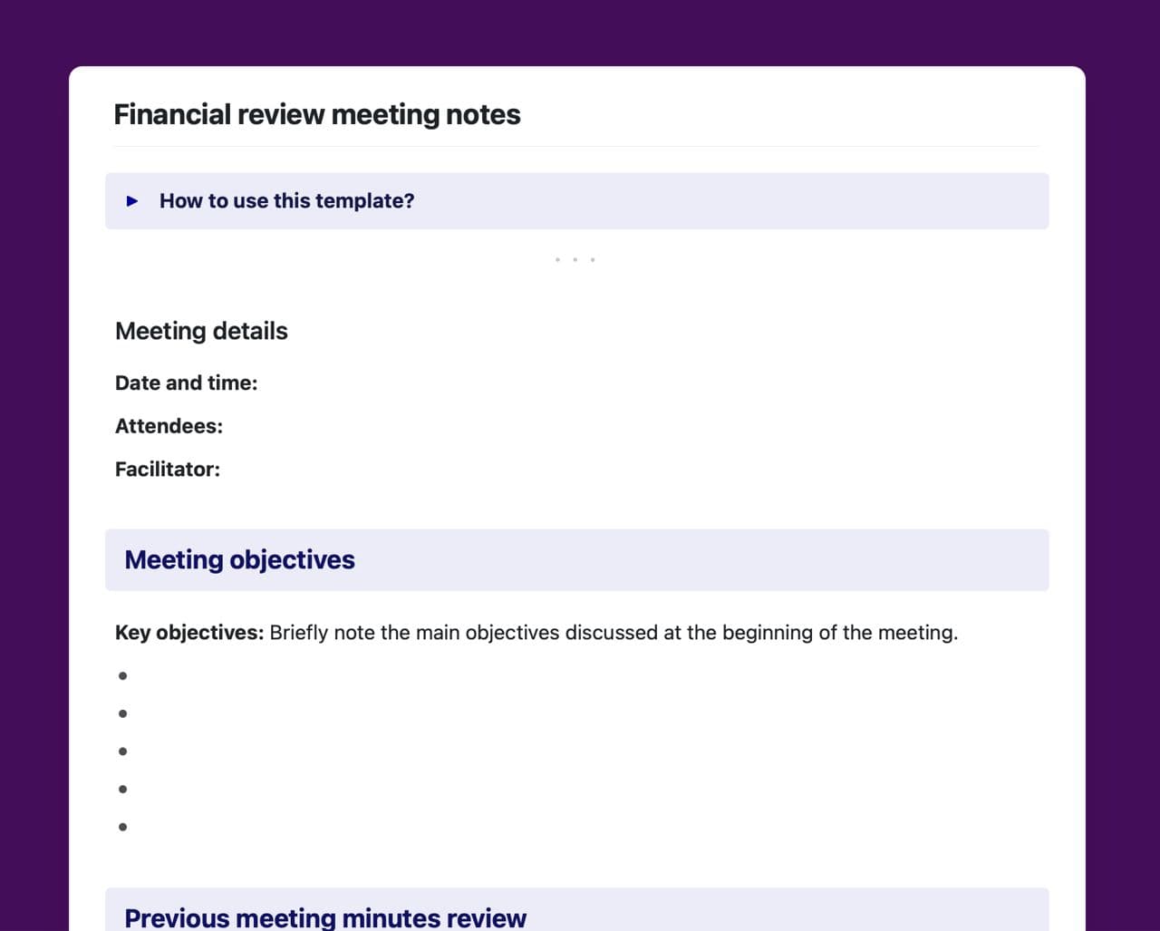 Craft Free Template: Financial review meeting notes
