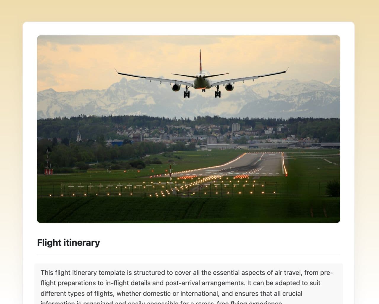 Flight itinerary template in Craft showing instructions.