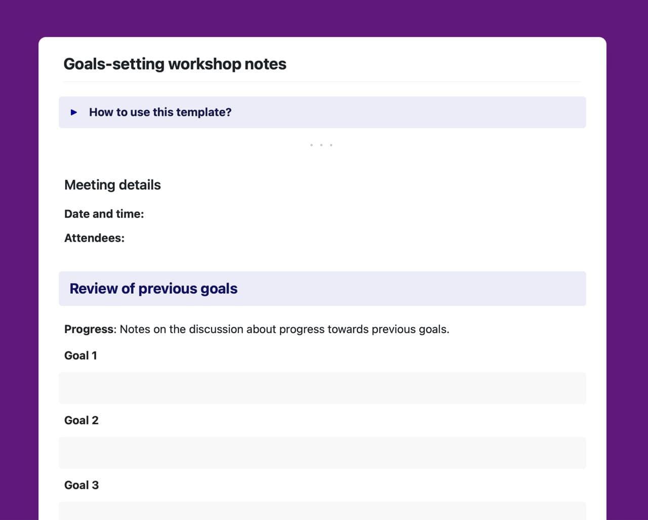 Goal-setting workshop notes template in Craft