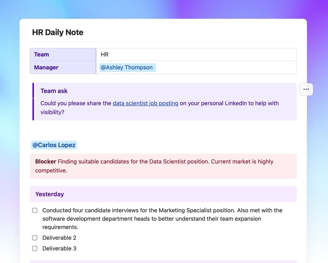 Craft Free Template: HR daily note
