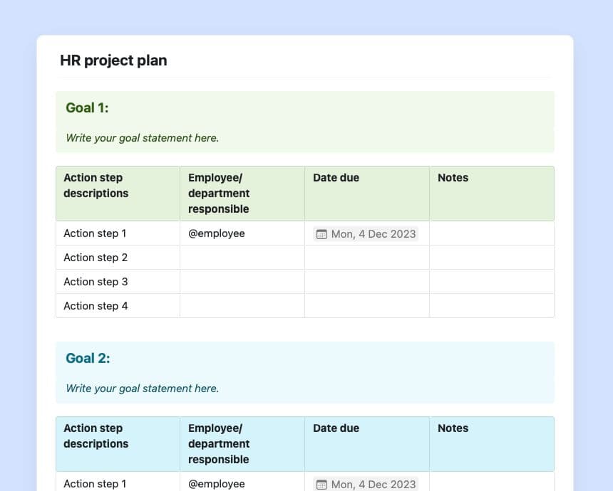 Craft Free Template: HR project plan