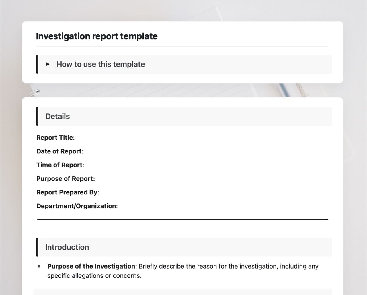 Craft Free Template: Investigation report