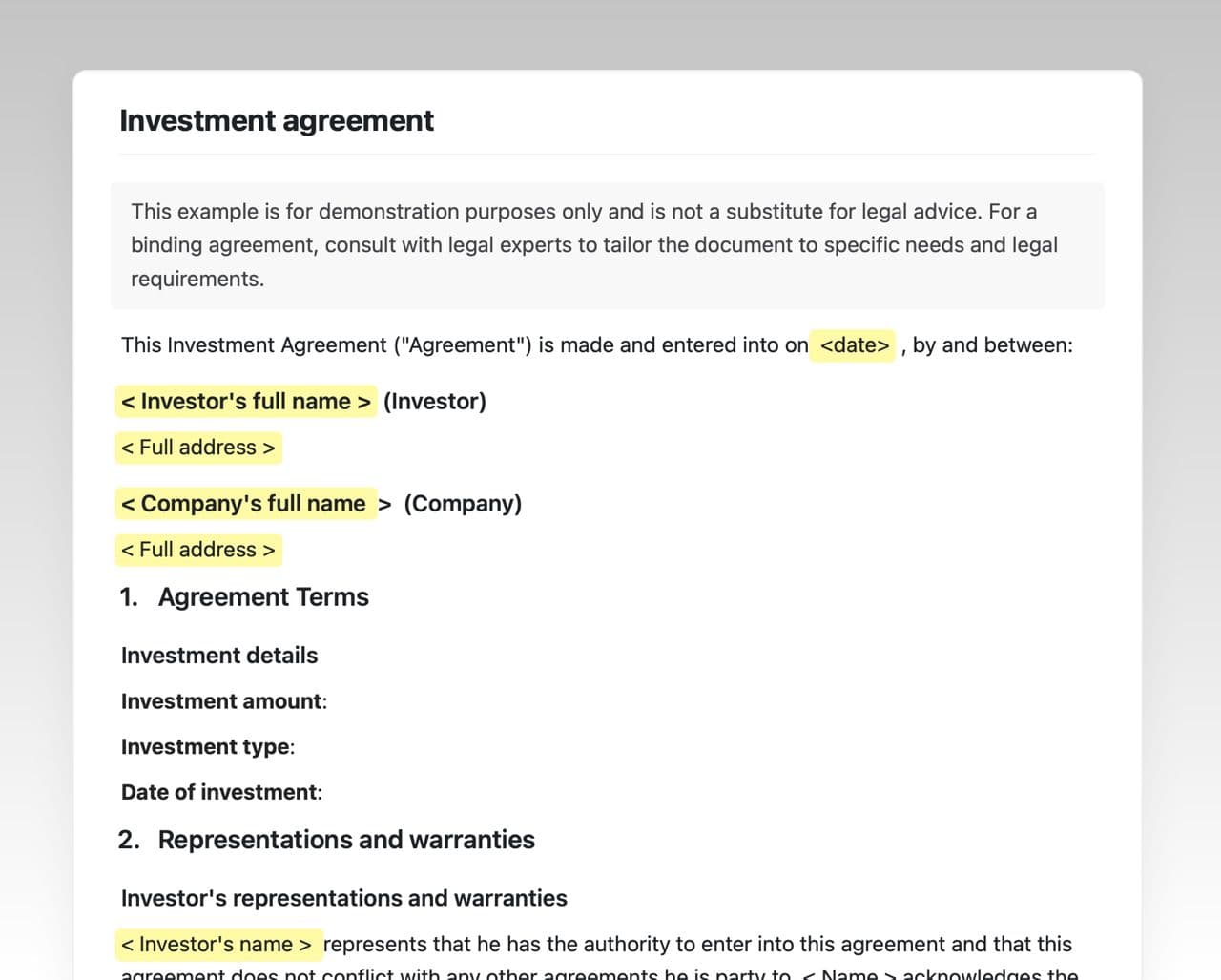 Craft Free Template: Investment agreement