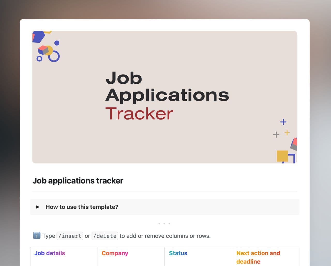 Job applications tracker template in Craft showing instructions and tracking table.
