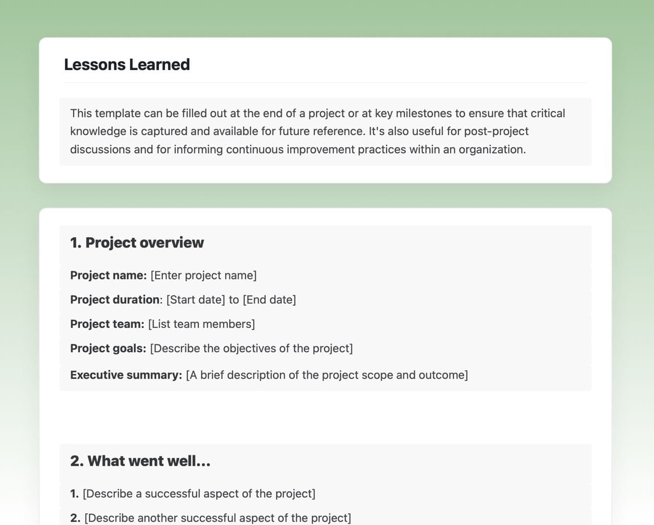 Craft Free Template: Lessons learned template