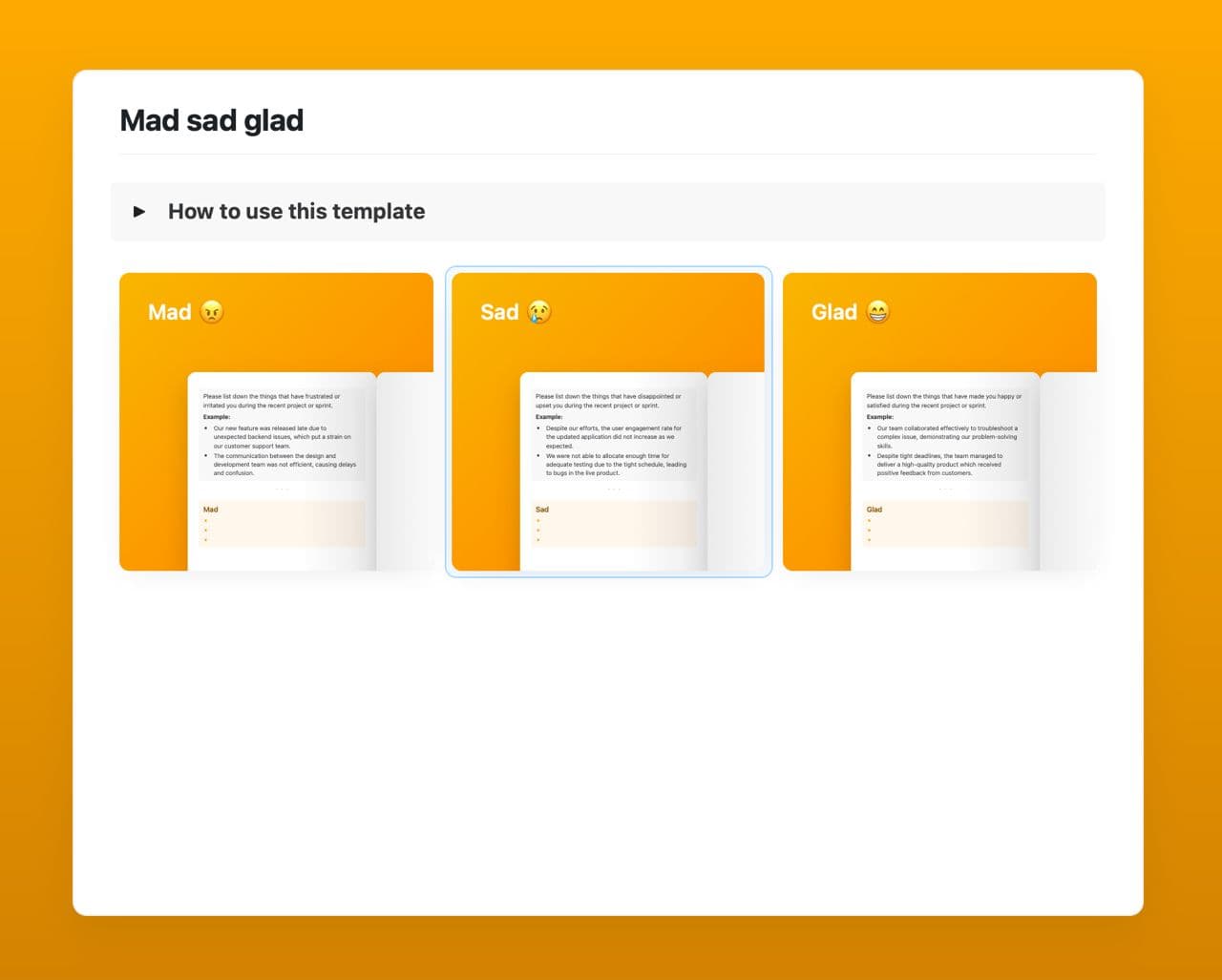 Craft Free Template: Mad sad glad retrospective