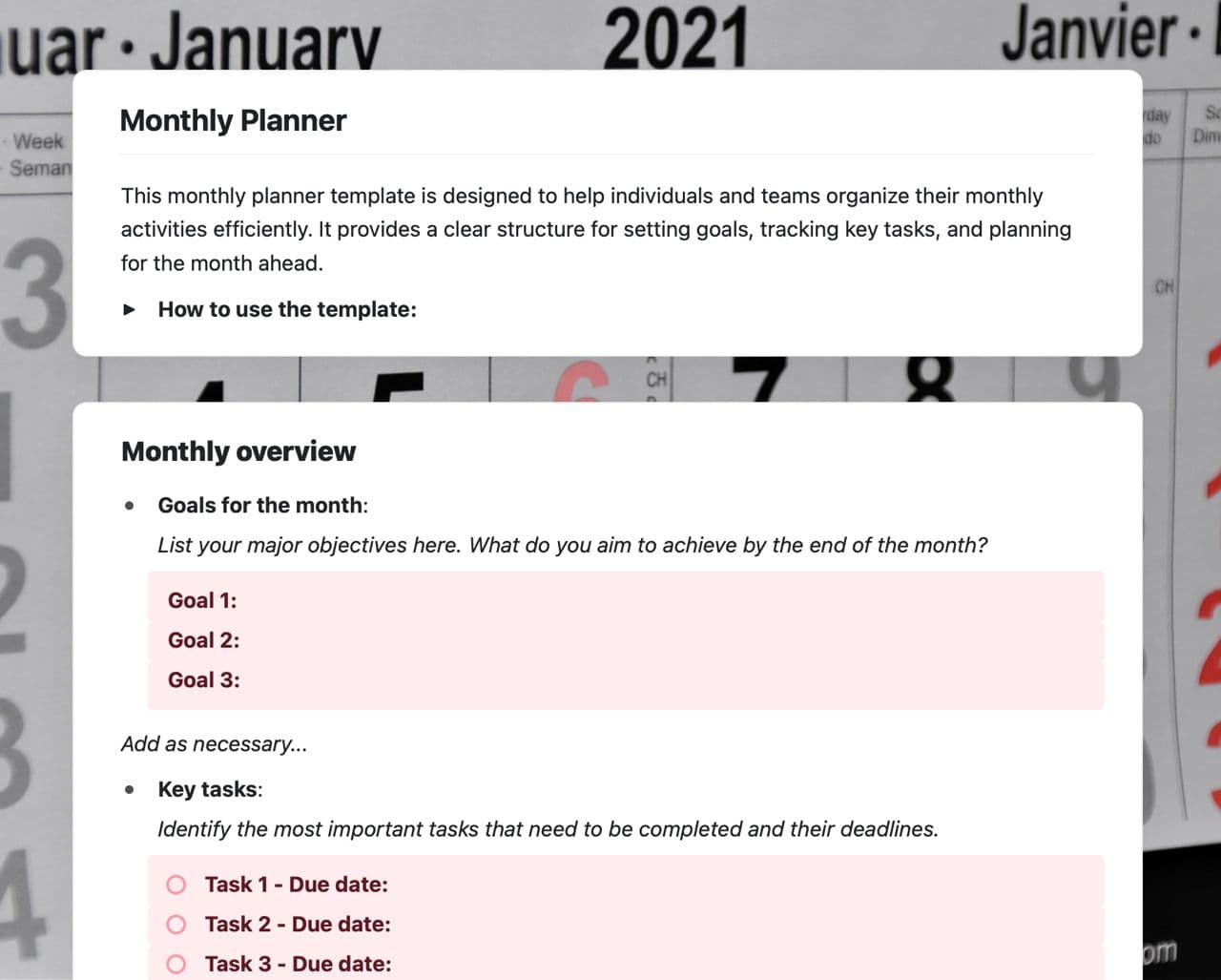 Craft Free Template: Monthly planner