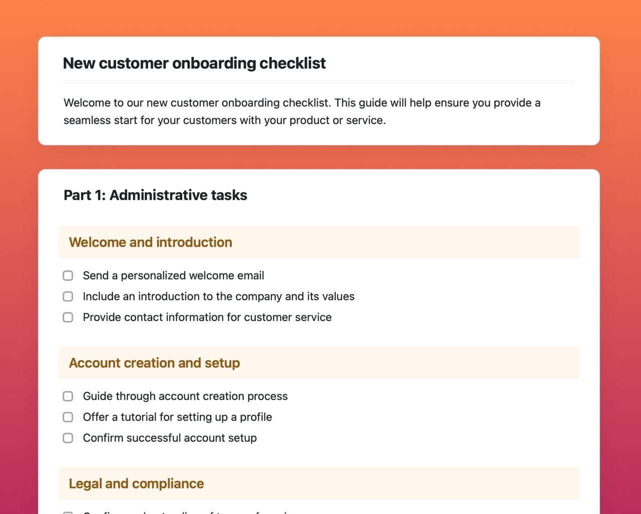 Craft Free Template: New customer onboarding checklist