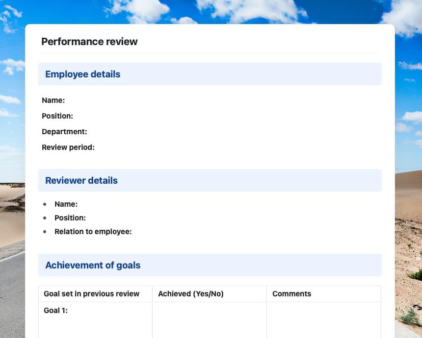 Craft Free Template: Performance review 