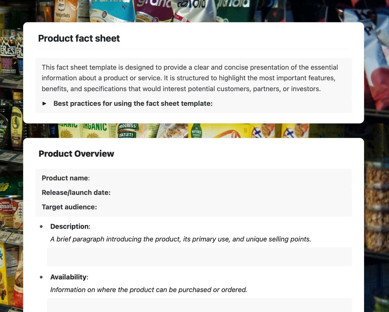 Craft Free Template: Product fact sheet
