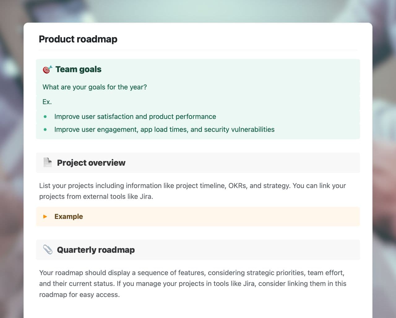 Product roadmap template in Craft