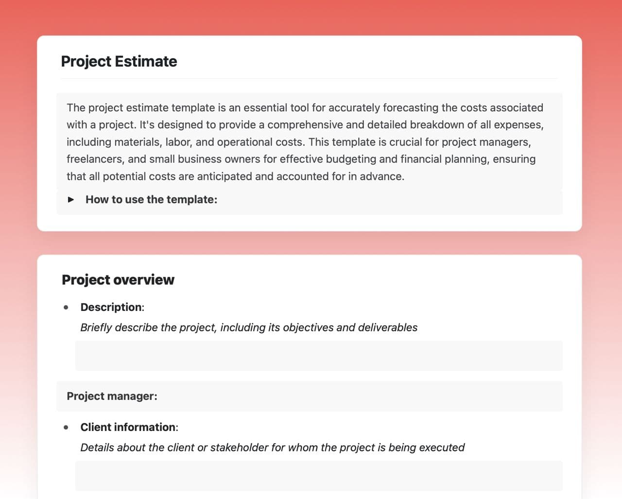 Craft Free Template: Project estimate