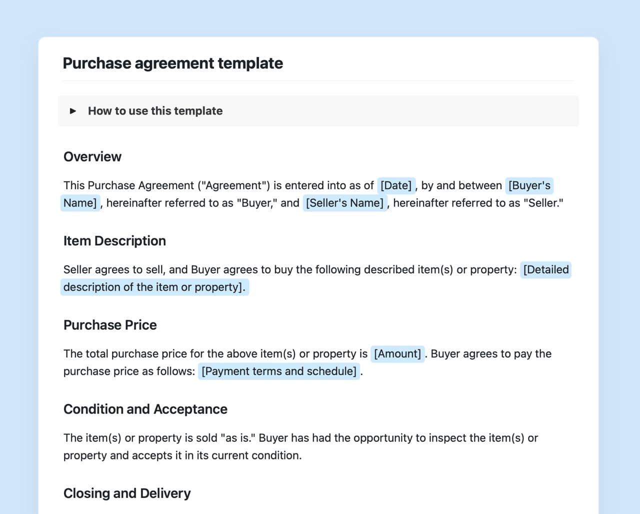 Craft Free Template: Purchase agreement template