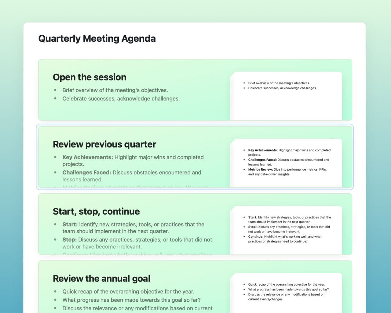 Quarterly meeting agenda template in Craft