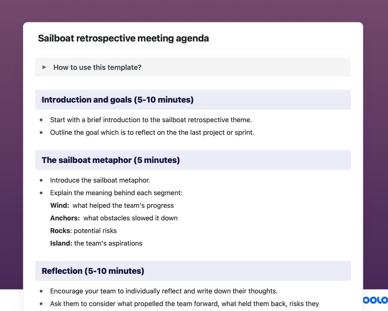 Sailboat retrospective meeting agenda template in Craft