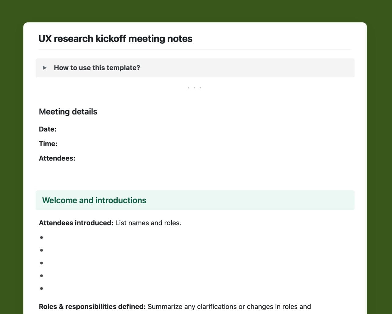 Craft Free Template: UX research kickoff meeting notes