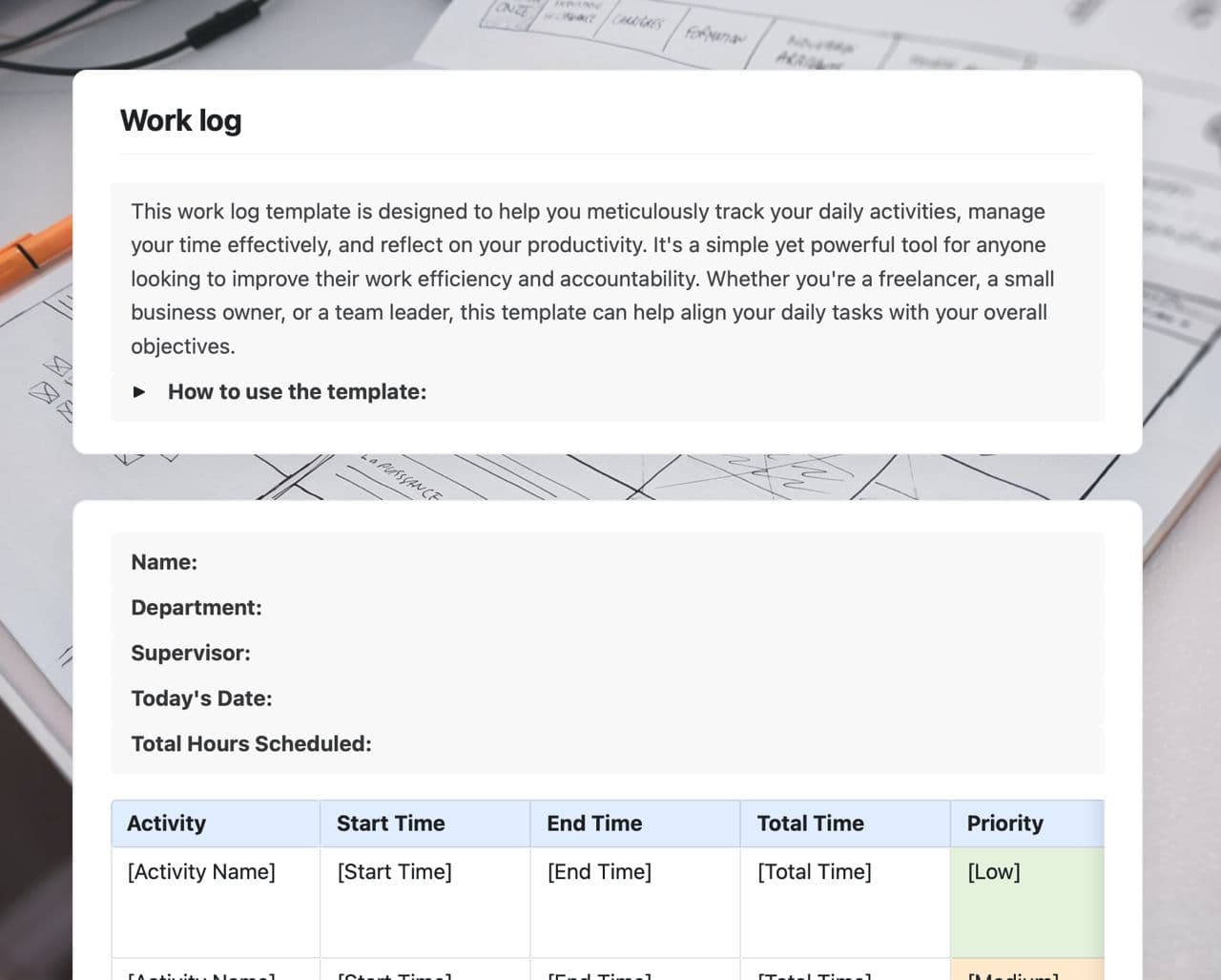 Craft Free Template: Work log