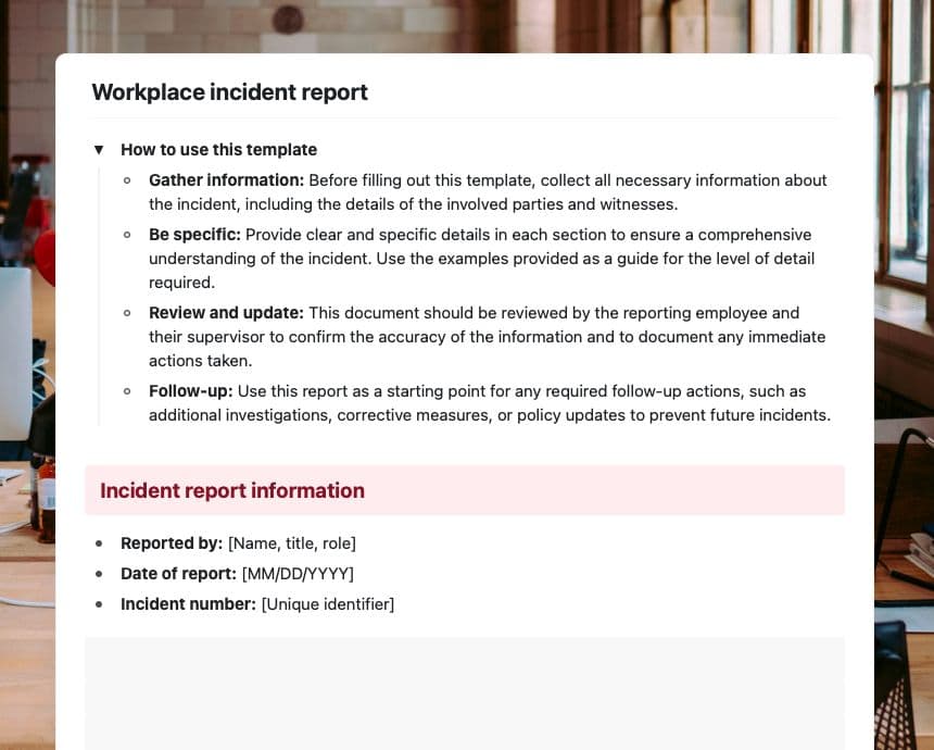 Craft Free Template: Workplace incident report