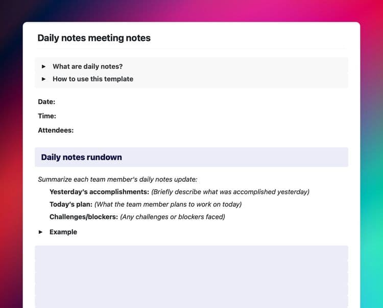 Daily notes meeting notes template in Craft showing instructions, meeting details, and the daily notes rundown section with instruction.