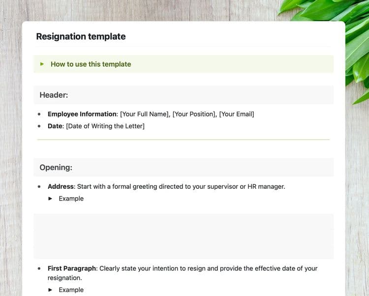 Resignation template in Craft showing instructions to use the template and the “Opening” section of the template.