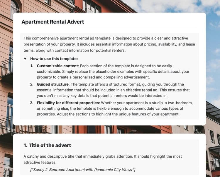 Apartment rental advert in craft