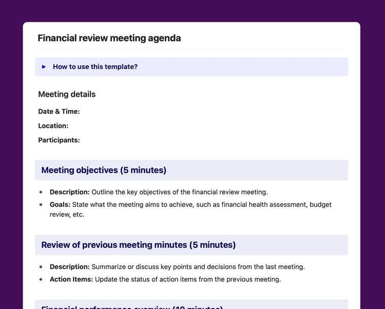 Craft Free Template: Financial review meeting agenda template in Craft.