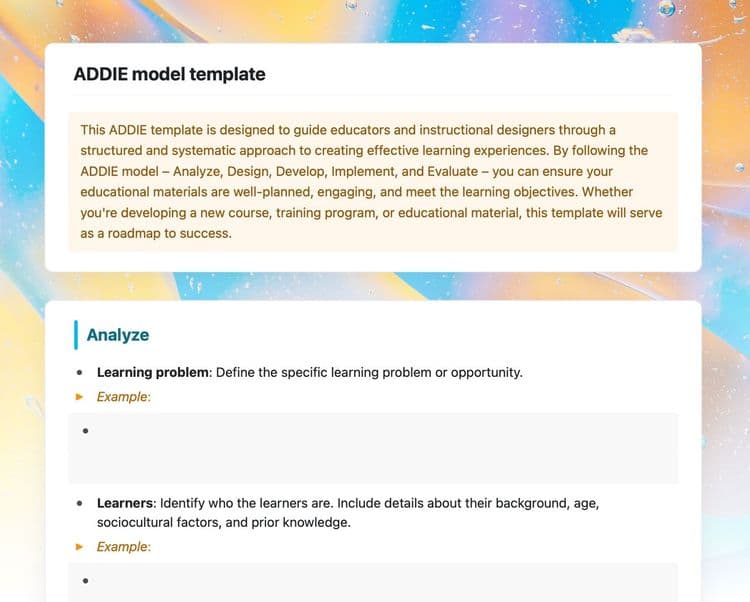 Addie model template in Craft showing instructions and analyze sections.