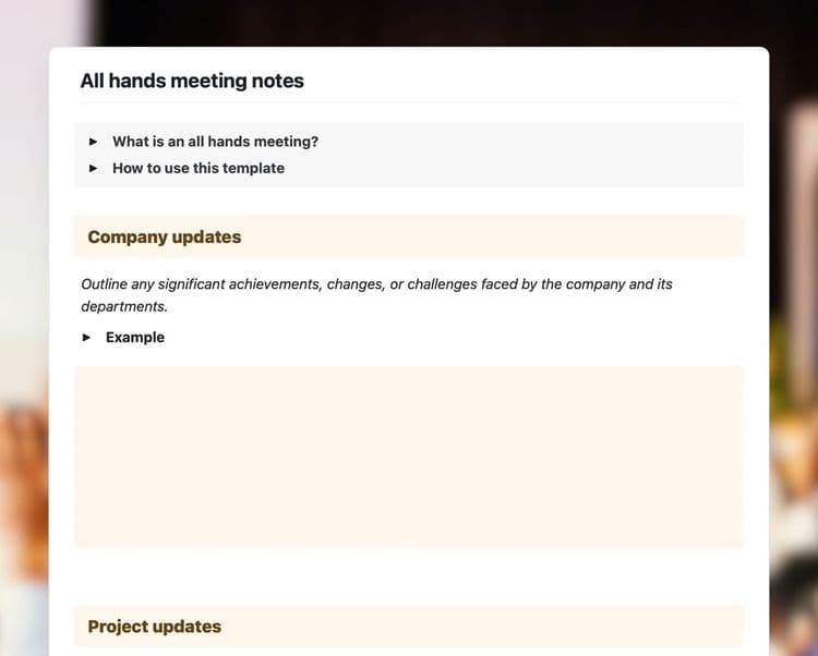 Craft Free Template: All hands meeting agenda template in Craft showing instructions, and the company updates section with instructions.