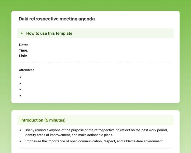 The Daki retrospective meeting agenda template followed by how to use it, date, time, link, attendees of the meeting