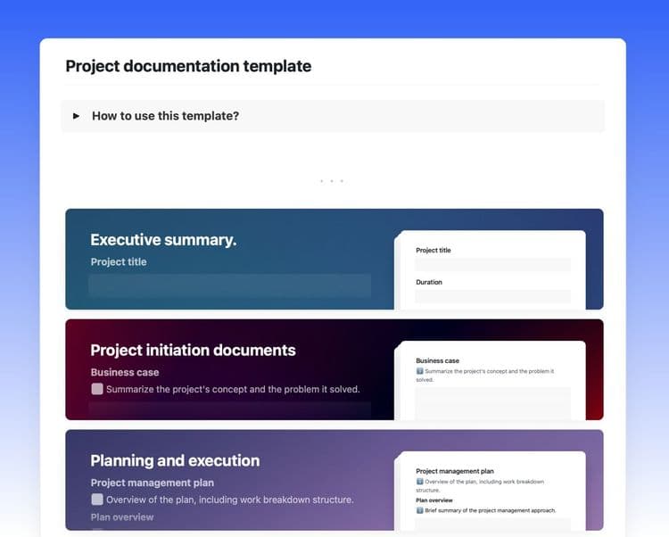 Project documentation template in Craft showing instructions and three top sections of the template.