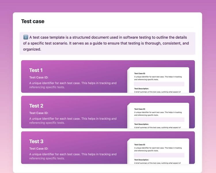 Craft Free Template: Test case template in Craft showing instructions and three test sections.