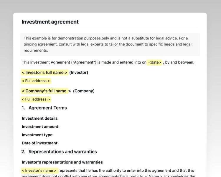 Craft Free Template: Investment agreement template in Craft showing the contents of the agreement.