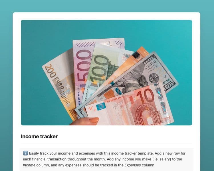 Income tracker template in Craft showing instructions.