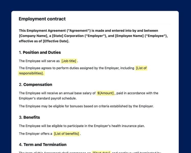 Craft Free Template: Employment contract template in Craft showing customizable contents of the contract.