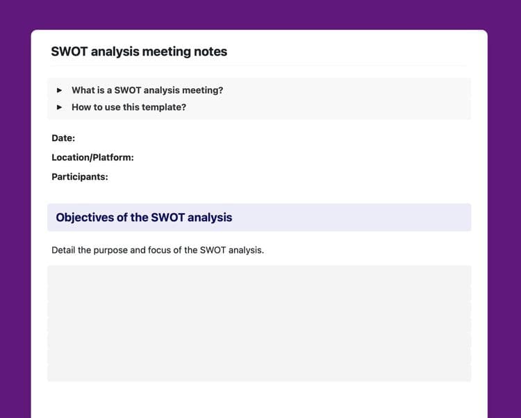 SWOT analysis meeting notes template in Craft.